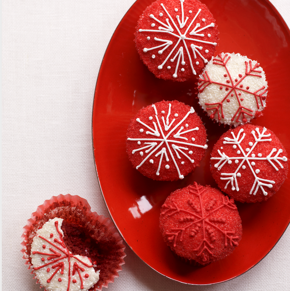 red velvet cupcakes on red platter