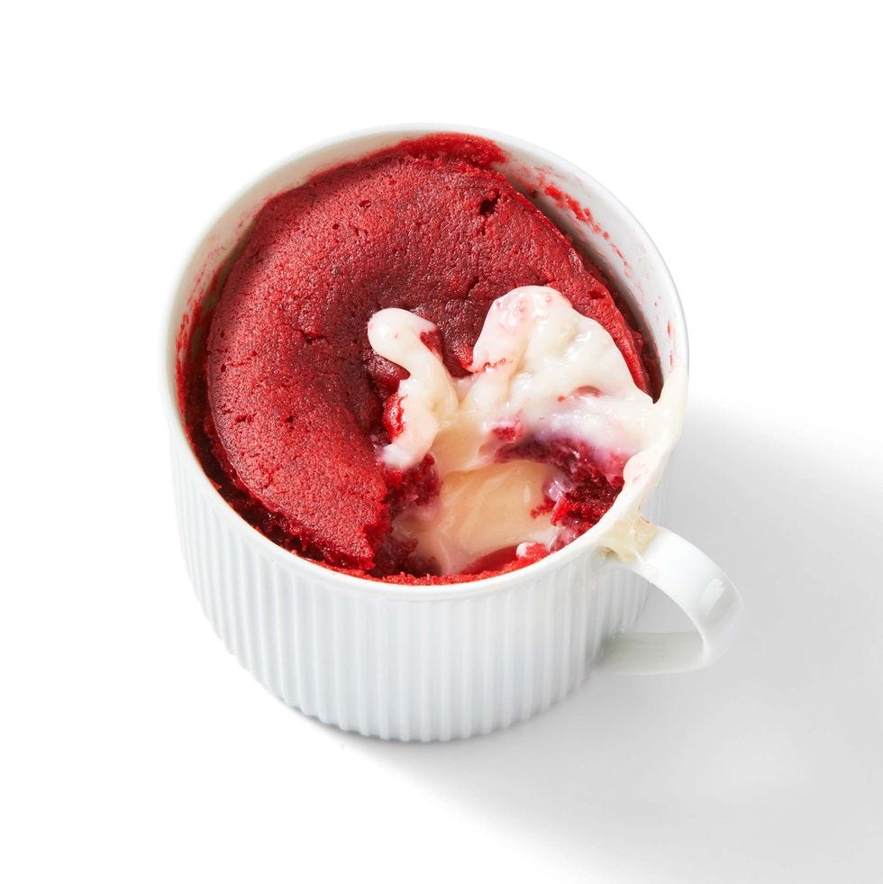red velvet mug cake in white mug