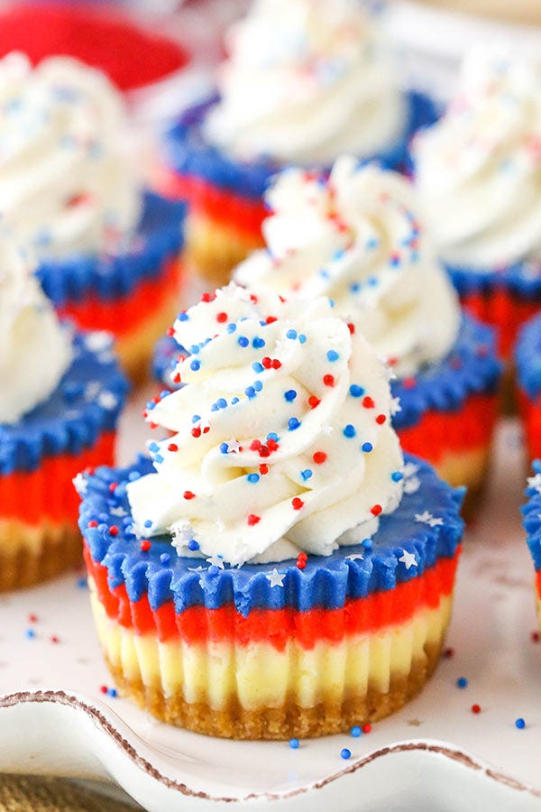 red, white and blue mini cheesecakes
