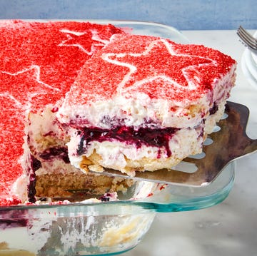 Red, White & Blue Tiramisu ladyfingers layered with mascarpone, blueberry jam, and strawberries