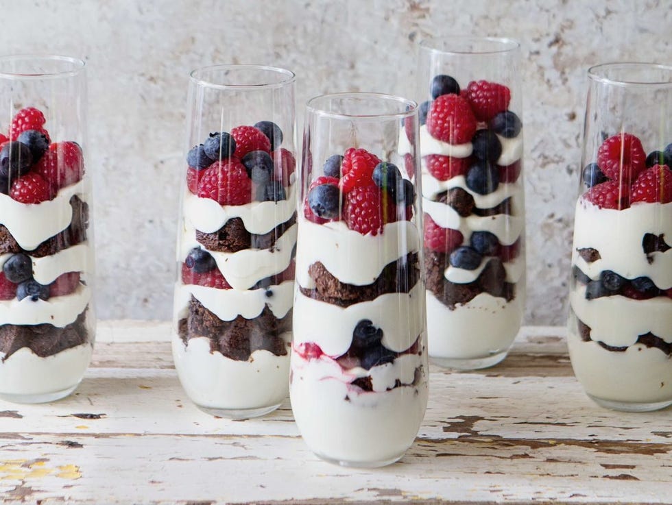 red, white, blue brownie parfait