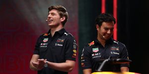 milton keynes, england   january 26 max verstappen of netherlands and red bull racing and sergio perez of mexico and red bull racing talk on stage during the red bull racing rb18 launch at red bull racing factory on january 26, 2022 in milton keynes, england photo by bryn lennongetty images  si202202090255  usage for editorial use only