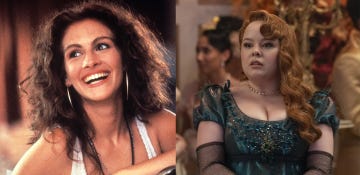 julia roberts as vivian ward in 'pretty woman' and nicola coughlan as penelope featherington bridgerton in 'bridgerton'