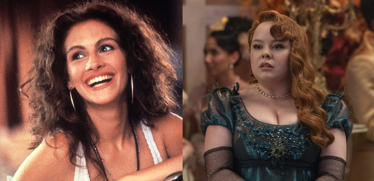 julia roberts as vivian ward in 'pretty woman' and nicola coughlan as penelope featherington bridgerton in 'bridgerton'