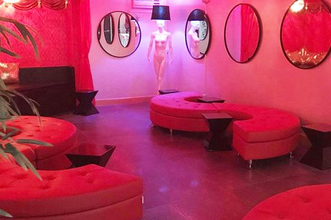 Pink, Red, Room, Interior design, Magenta, Furniture, Material property, Table, 