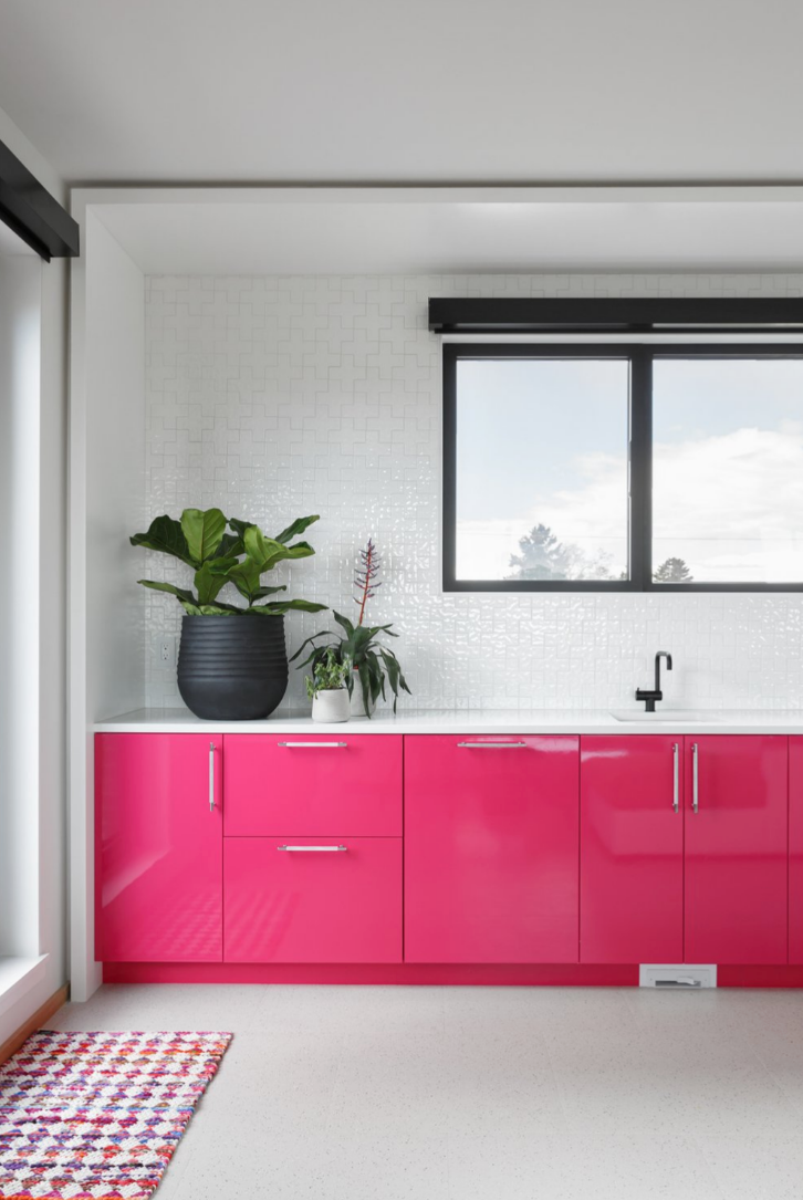 modern kitchen featuring bright pink cabinetry and plants