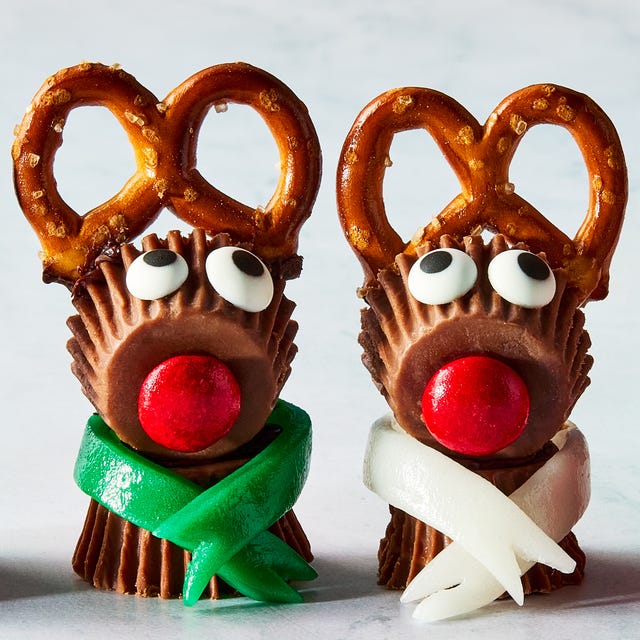 Reese's Rudolph Bites reeses candy stuck together with pretzels to make mini reindeers