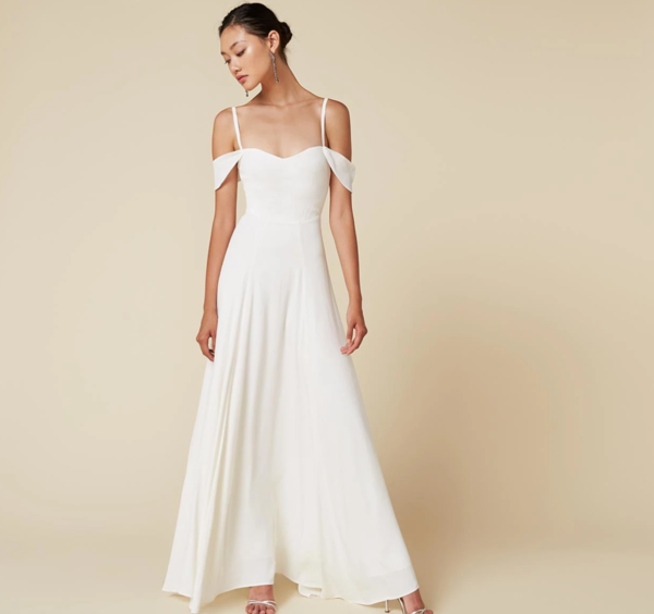 Gown, Clothing, Dress, Fashion model, Wedding dress, Shoulder, White, Bridal clothing, Bridal party dress, A-line, 