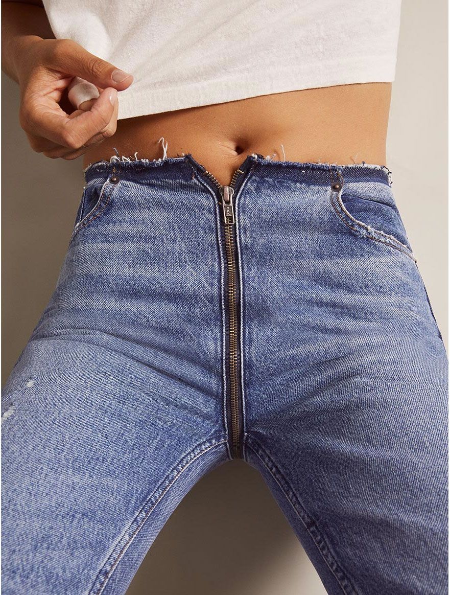 one shoulder jeans pockets zipper butt
