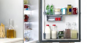 fridge door open with food inside