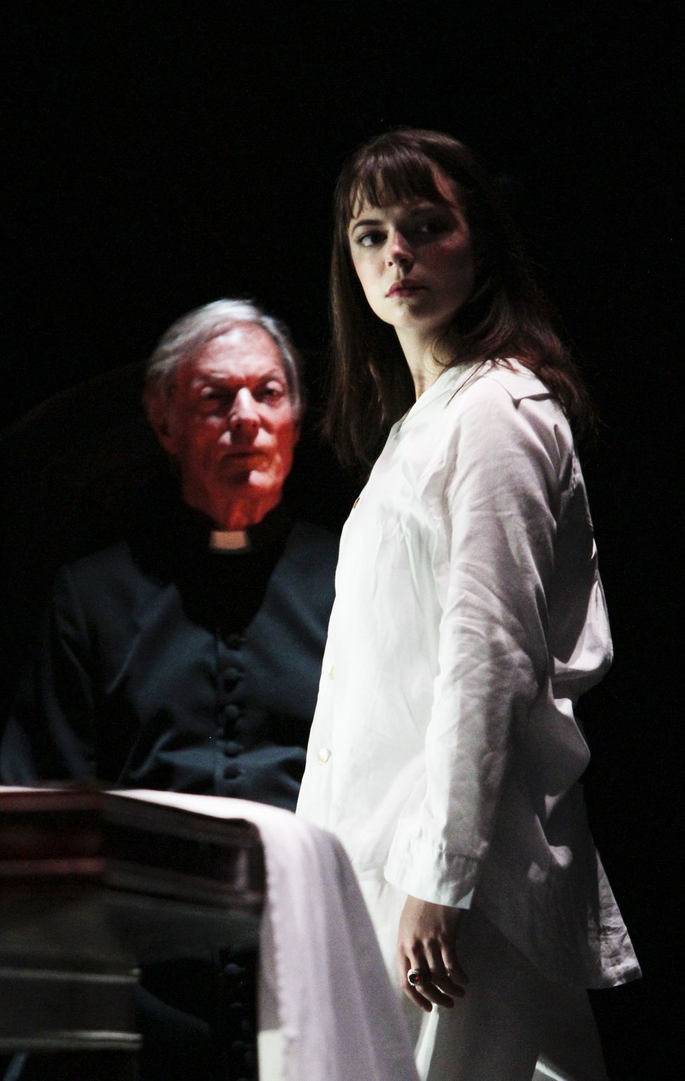 regan macneil played by emily yetter walks in a trance as father merrin played by richard cham