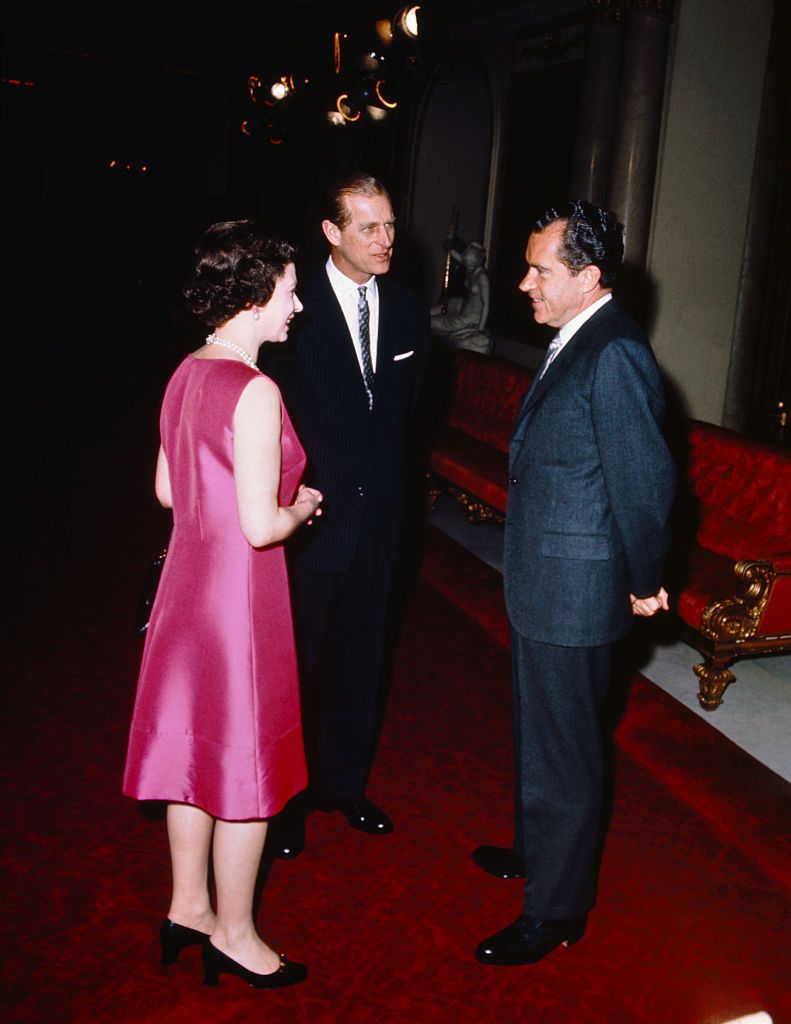 original caption president richard nixon is greeted by queen elizabeth ii, at buckingham palace, february 25, where he lunched with the royal family with them are prince philip and prince charles