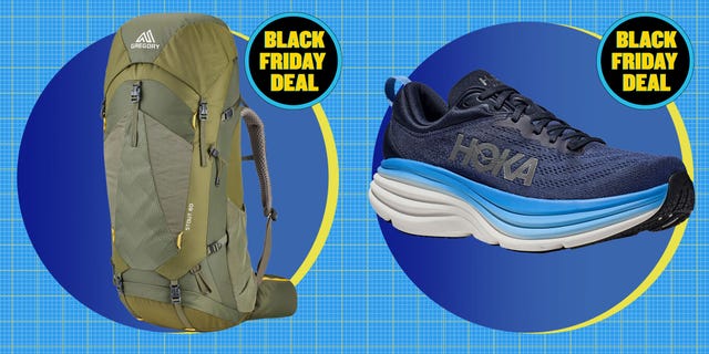 backpack and running shoes on a colorful background promoting a black friday deal