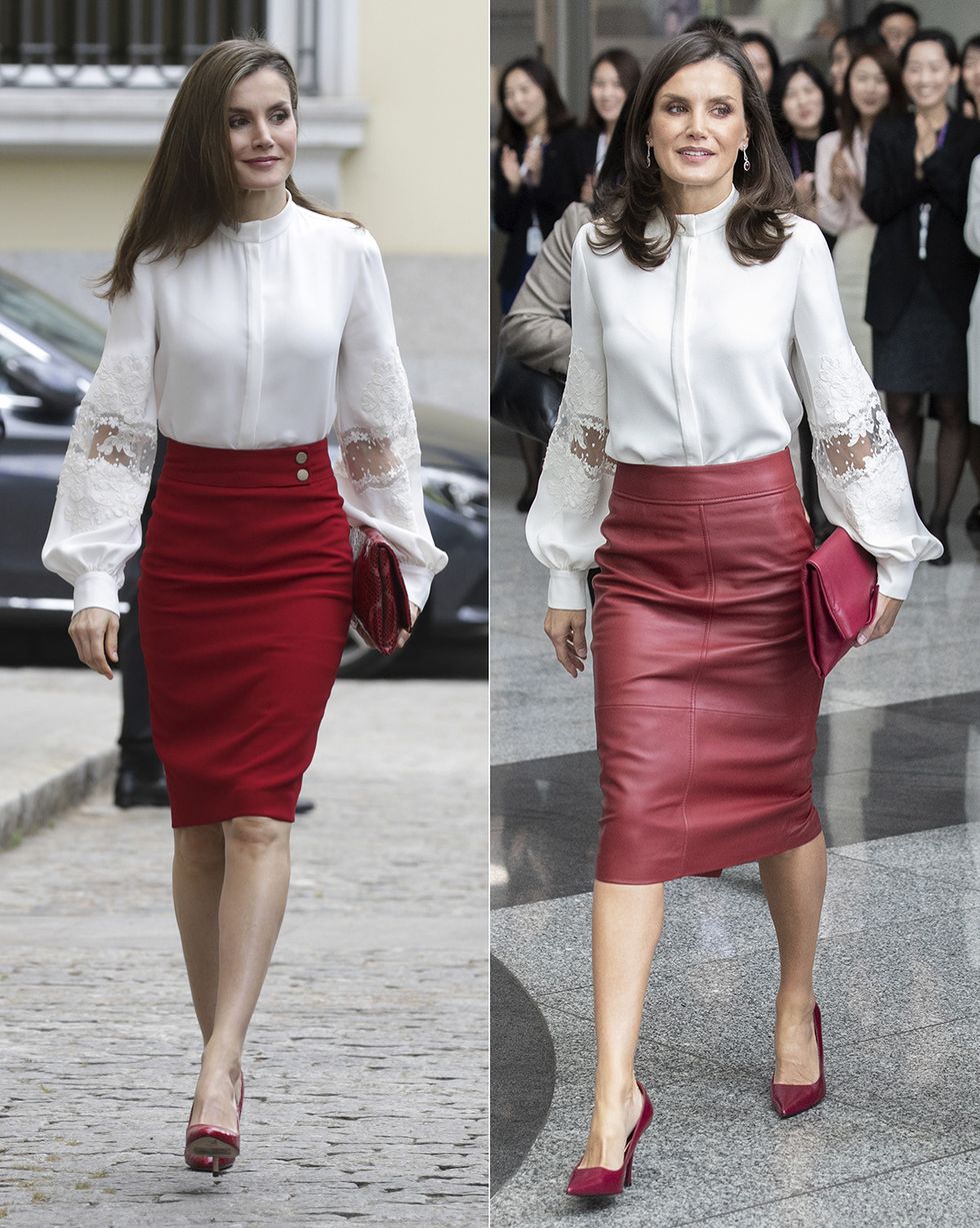 la reina letizia, dos looks con falda roja y su blusa blanca de mangas abullonadas de carolina herrera