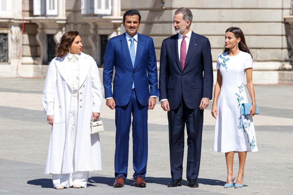 king felipe vi and letizia ortiz receive their highnesses sheikh tamim bin hamad al thani, emir of the state of qatar, and sheikha jawaher bint hamad bin suhaim al thani, in madrid, tuesday, may 17, 2022