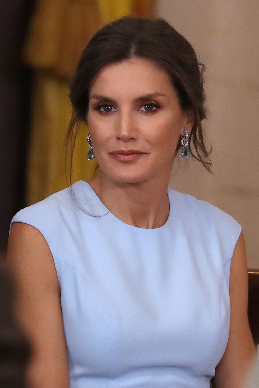 reina letizia posando seria con un moño