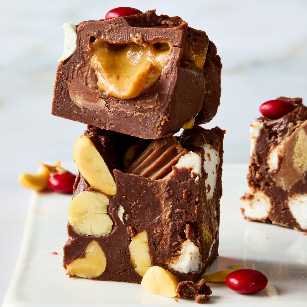 chocolate fudge with marshmallows, nuts, candy, and peanut butter cups
