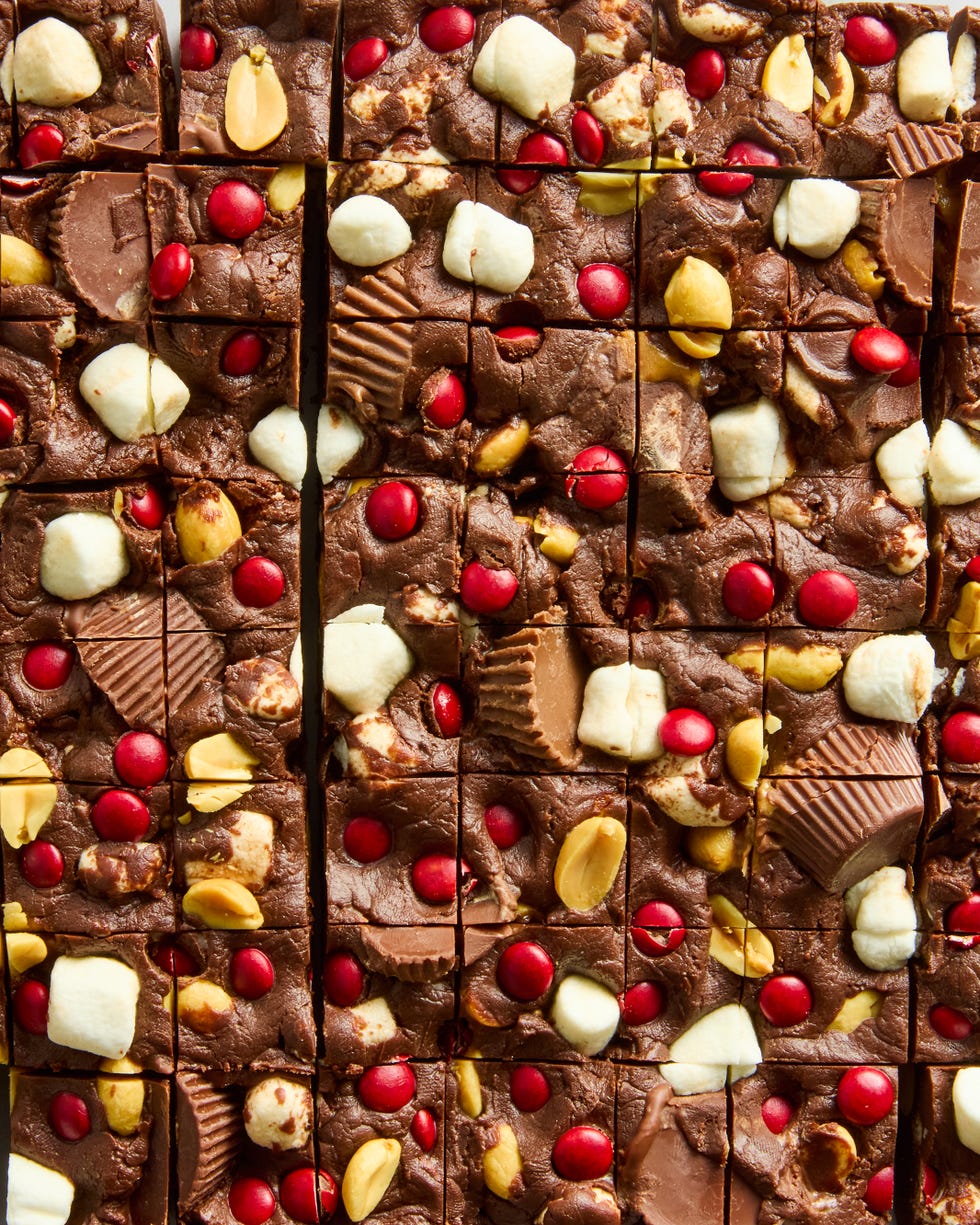 chocolate fudge with marshmallows, nuts, candy, and peanut butter cups
