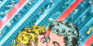 vintage comic book style illustration of a couple kissing with escalators in the background