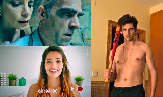 montaje fotográfico con escenas de la serie de amazon prime video 'relatos con fin a dos' en imagen 	maría luisa mayol, luis tosar, sara sálamo y Álvaro rico