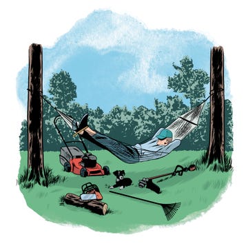 A person relaxing in a hammock surrounded by lawn care equipment