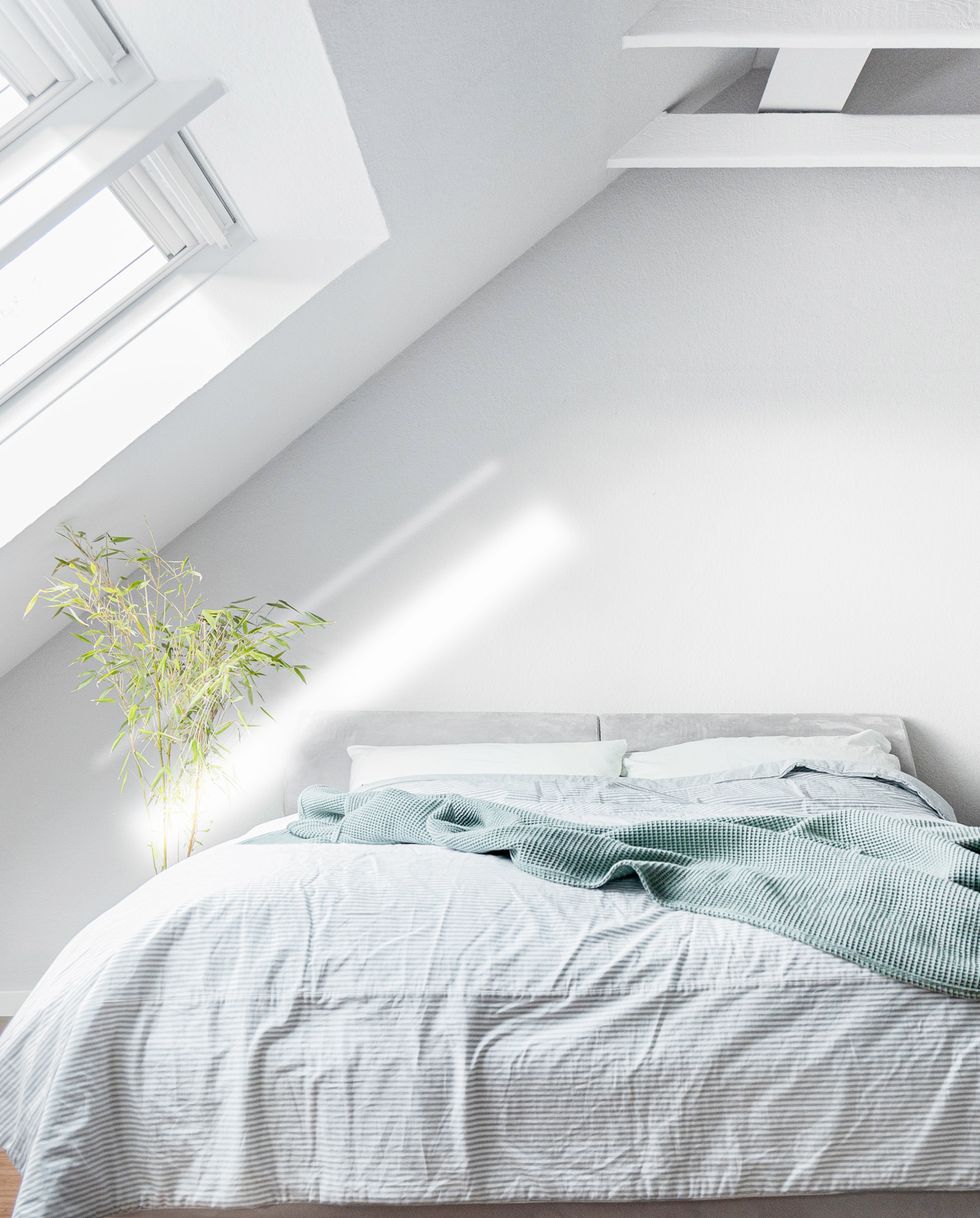 minimalist white bedroom with lots of light
