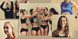 a collage of a female relay runners