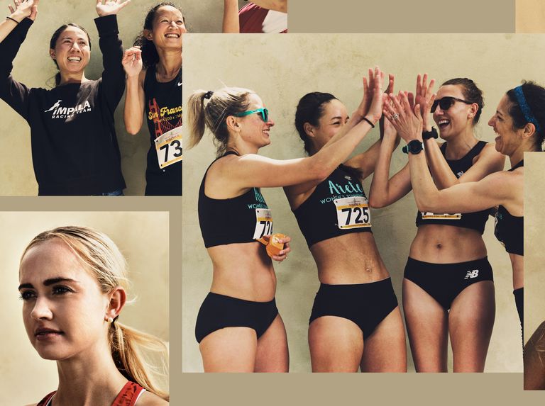 a collage of a female relay runners