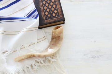 religion image of prayer shawl tallit, prayer book and shofar horn jewish religious symbols rosh hashanah jewish new year holiday, shabbat and yom kippur concept