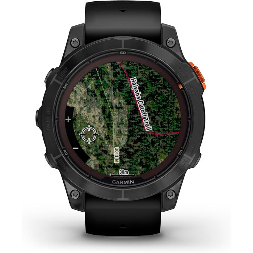 garmin fenix 7 pro gps smartwatch displaying a topographic map with a highlighted trail