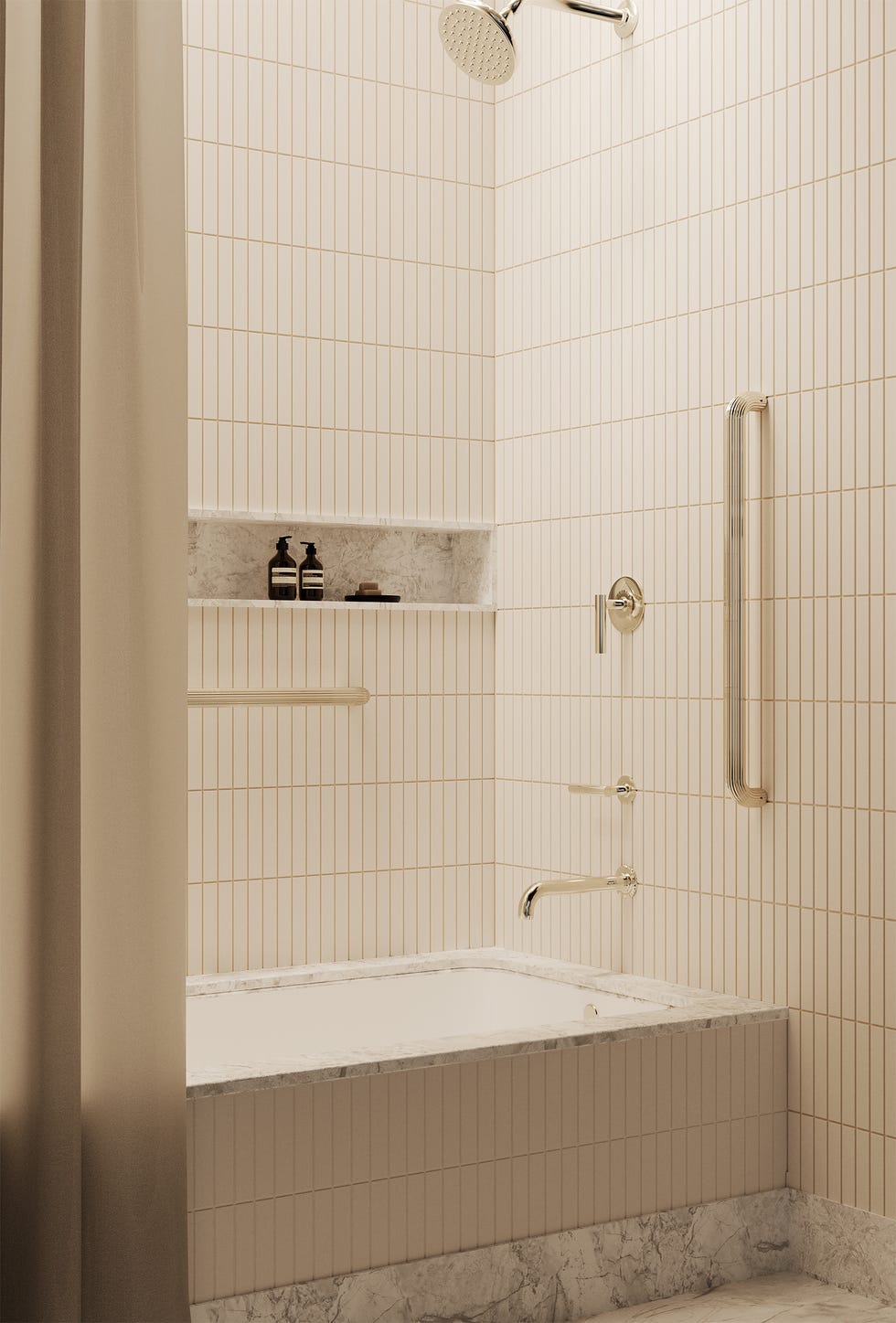 Remsen shower grab bar in minimalist and simple design, installed next to a simple shower and bathtub combination