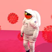 3d render of the coronavirus covid 19 floating in the air with astronaut wearing space suit