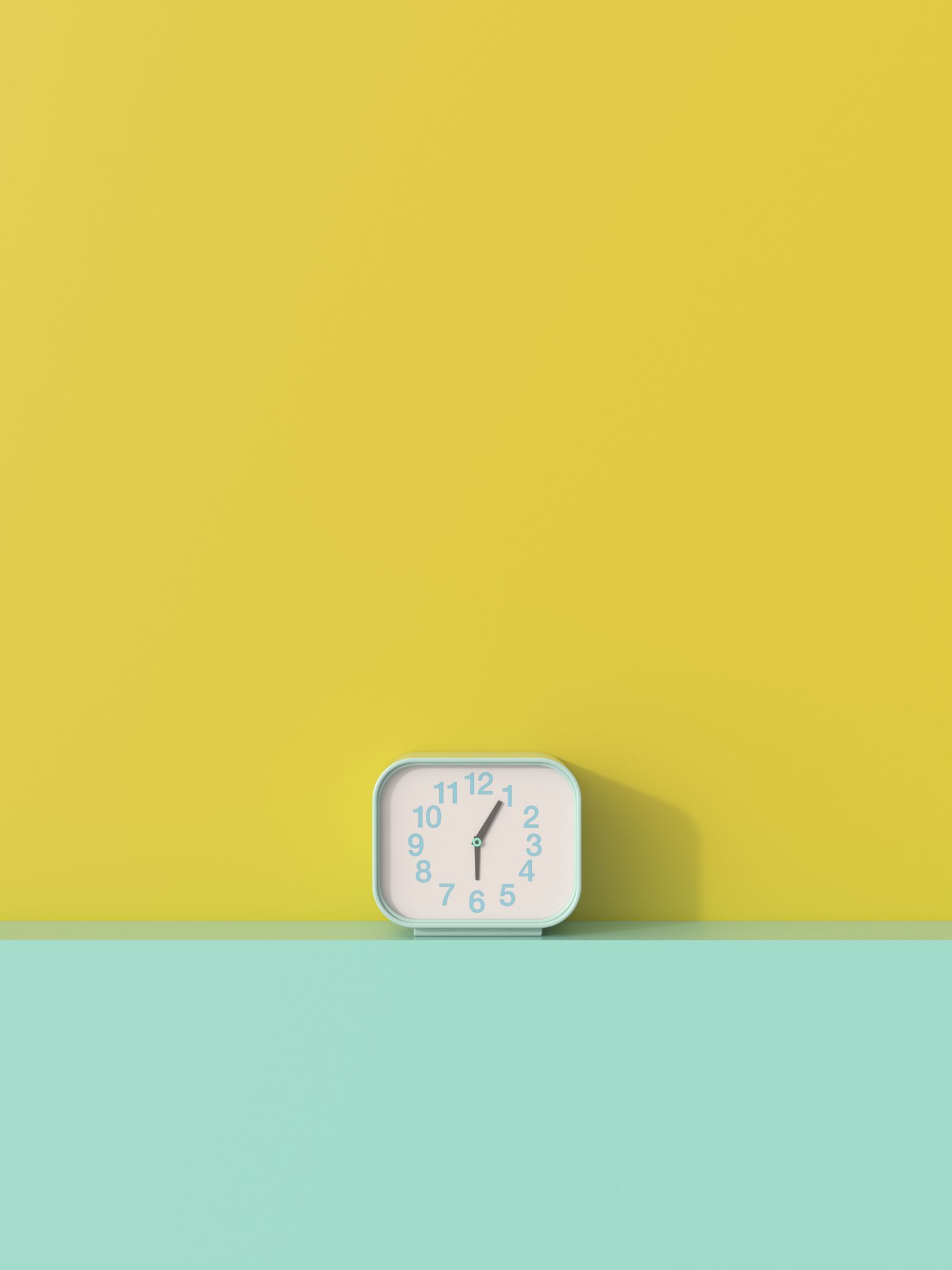 3D rendering, Alarm clock on shelf aggainst yellow background