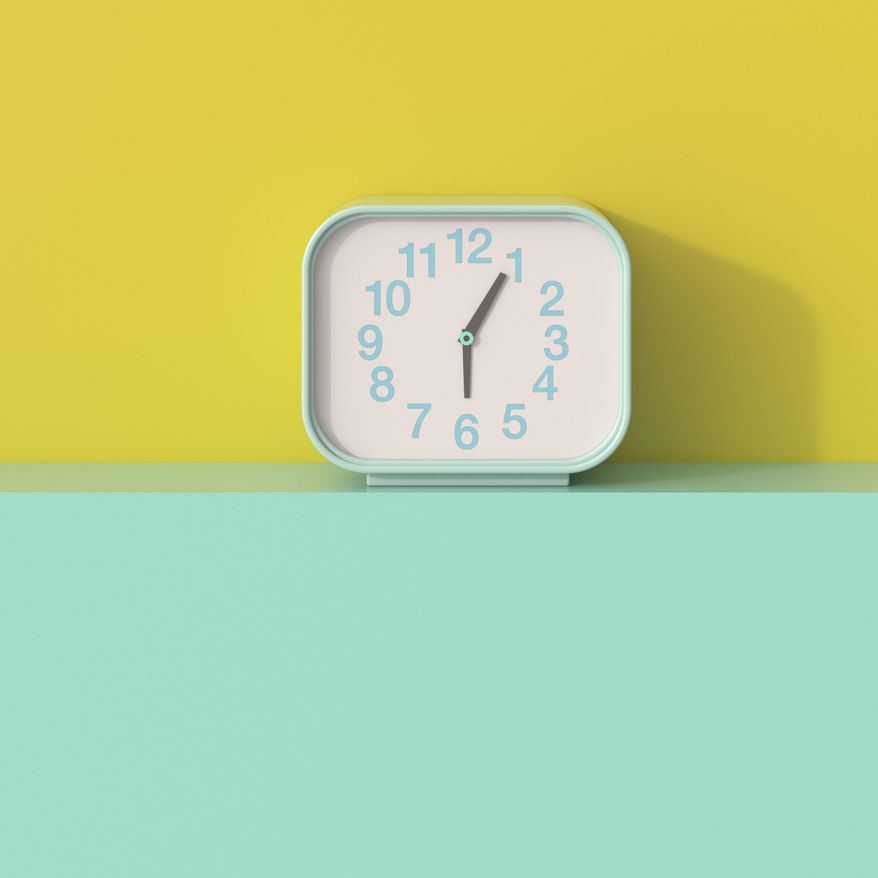 3D rendering, Alarm clock on shelf aggainst yellow background