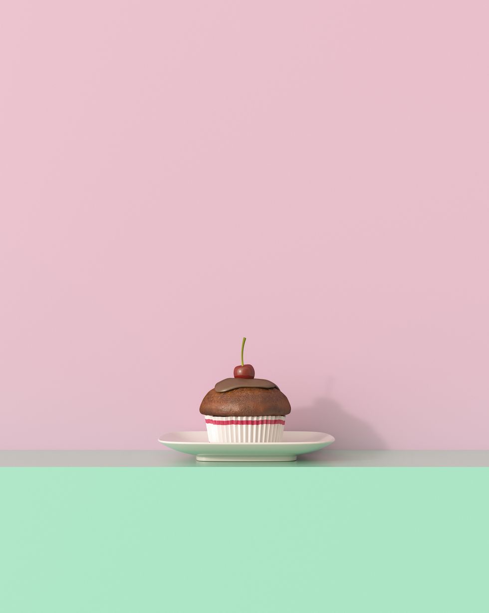 3D rendering, Cherry muffin on shelf against yellow backround