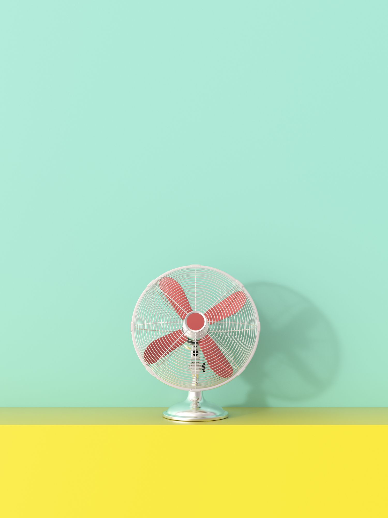 3D rendering, Fan on yellow shelf against green background