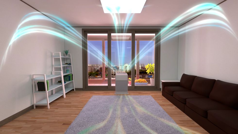 3d rendering of a white air cleaner making indoor air fresh all day in a closed room