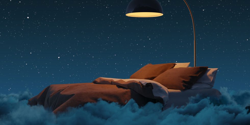 3d rendering of cozy bed illuminated by lamp the bed flying over fluffy clouds at night