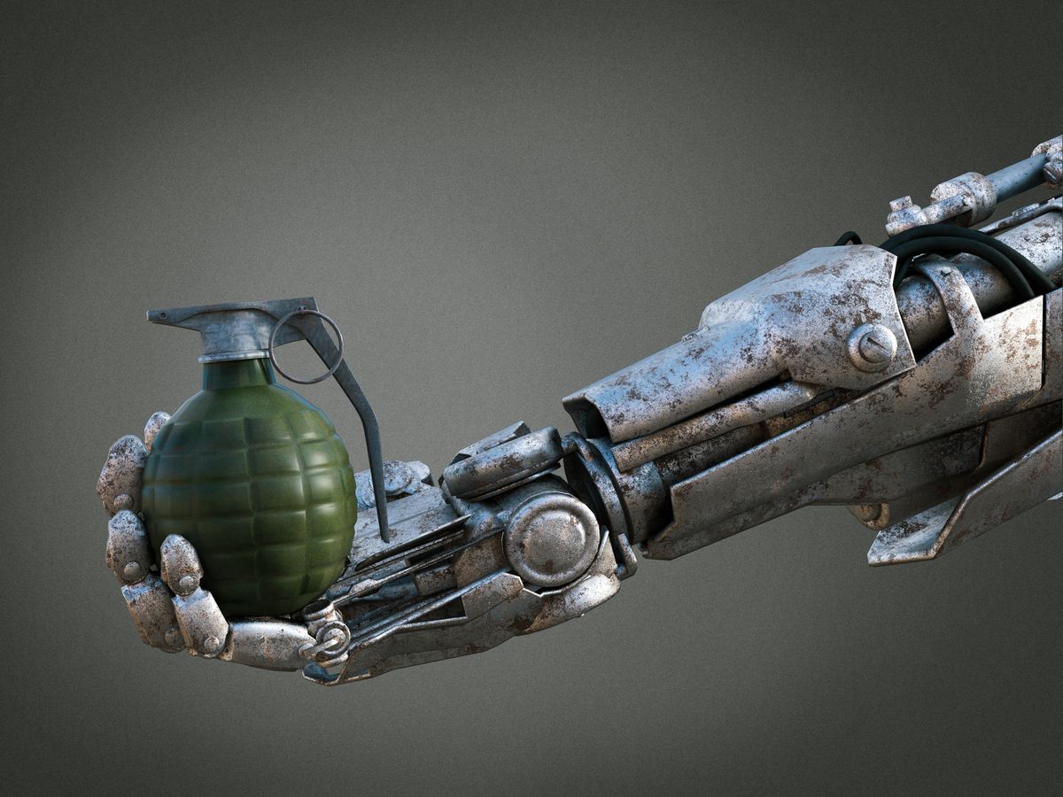 3d rendering of robot hand holding grenade