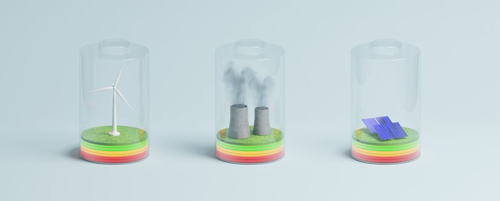 3d rendering of three batteries charging with different types of energy forms wind energy, nuclear energy and solar energy on a blue background