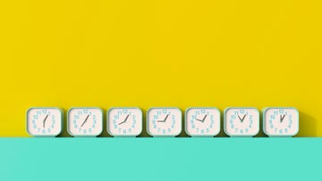 3d rendering, row of alarm clocks, showing different times