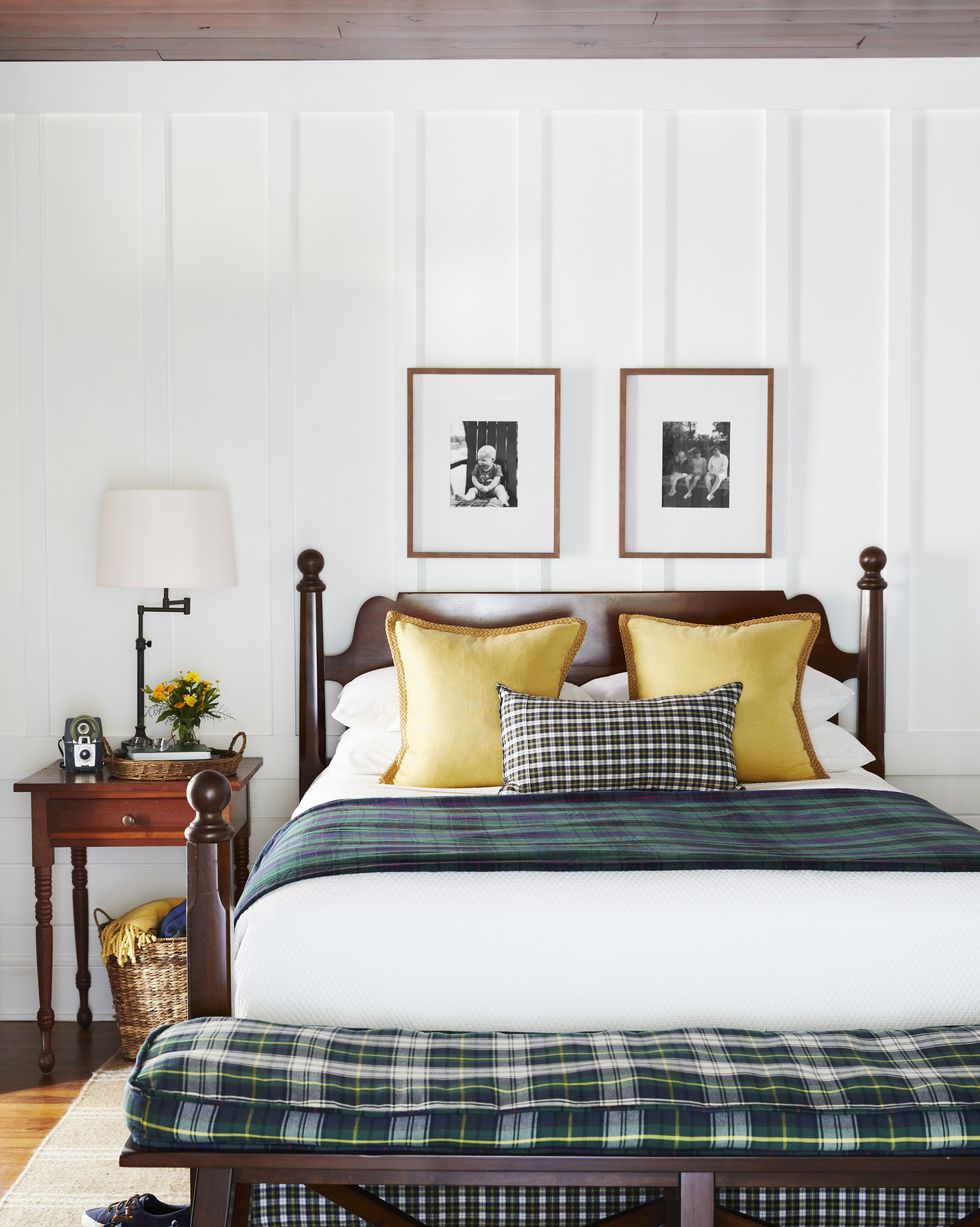 main bedroom, plaid linens, board and batten walls lakeside cabin, houston lake, georgia walter gray, kelly gray