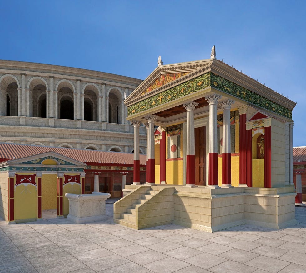 Reconstructie van het Isisheiligdom in Pompe Het stamt uit de 2de eeuw VC en ligt achter het grote theater