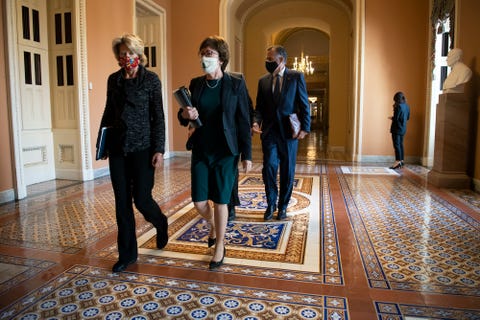 united states   december 3 sen lisa murkowski, r alaska, left, sen susan collins, r maine, sen bill cassidy, r la, and sen mitt romney, r utah, depart from a meeting with senate majority leader mitch mcconnell, r ky, in his office in washington on thursday, dec 3, 2020 photo by caroline brehmancq roll call, inc via getty images