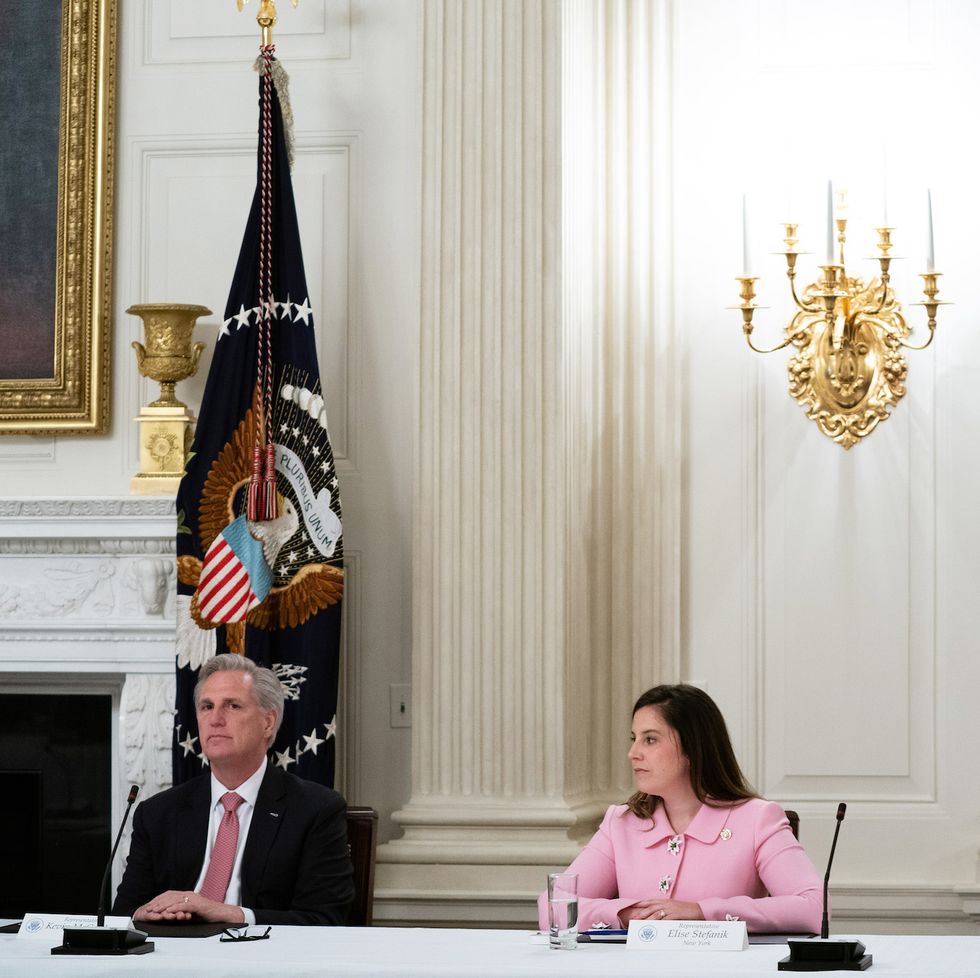 washington, dc   may 08 l r house minority leader kevin mccarthy r ca, rep elise stefanik r ny and rep dan crenshaw r tx attend a meeting with us president donald trump and fellow congressional republicans in the state dining room at the white house may 08, 2020 in washington, dc trump insisted that the national economy will recover this year from the damage caused by novel coronavirus pandemic, saying, "i'm calling it the transition to greatness" photo by anna moneymaker poolgetty images