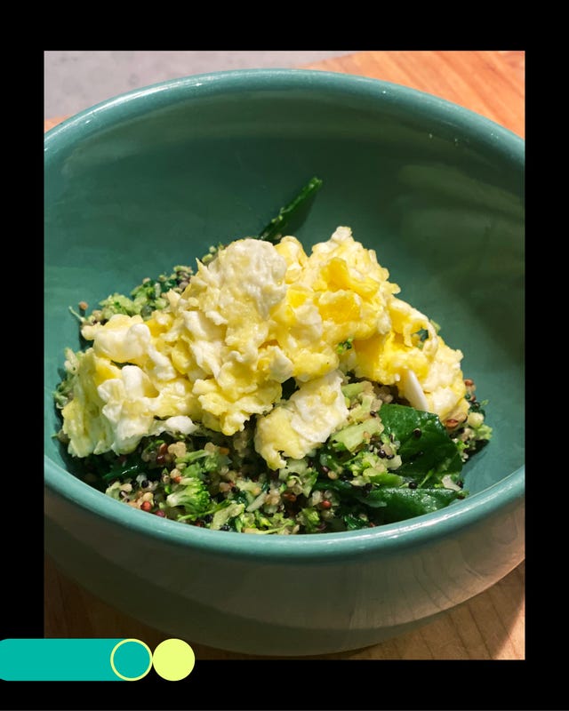 bowl of quinoa salad topped with scrambled eggs bowl of quinoa salad topped with scrambled eggs