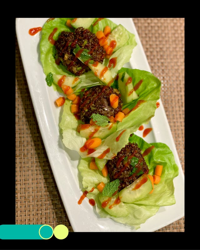 three lettuce wraps with quinoa balls diced vegetables and sauce three lettuce wraps with quinoa balls diced vegetables and sauce
