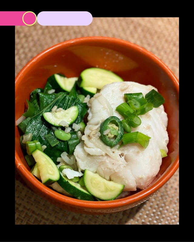 bowl containing fish zucchini and green vegetables bowl containing fish zucchini and green vegetables