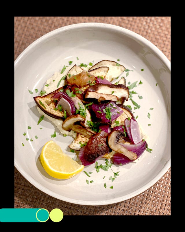 plate of roasted vegetables including eggplant onion and mushrooms with a lemon wedge plate of roasted vegetables including eggplant onion and mushrooms with a lemon wedge