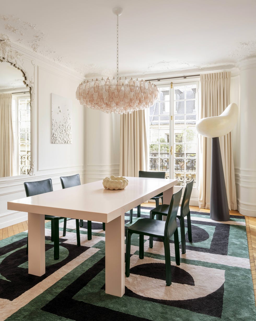 dining room with oversized table and floor lamp